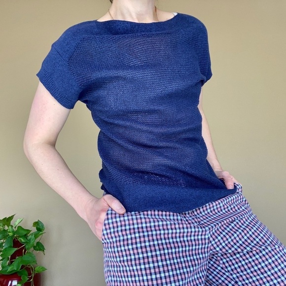 Eddie Bauer Navy Blue Short Sleeve Sweater T-shirt Loose Knit Tee, size S - Picture 1 of 10